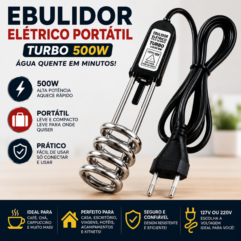 Ebulidor Elétrico Mergulhão Rabo Quente Aquecedor de Água Portátil 500W Viagem Camping Café Chá 127V/220V