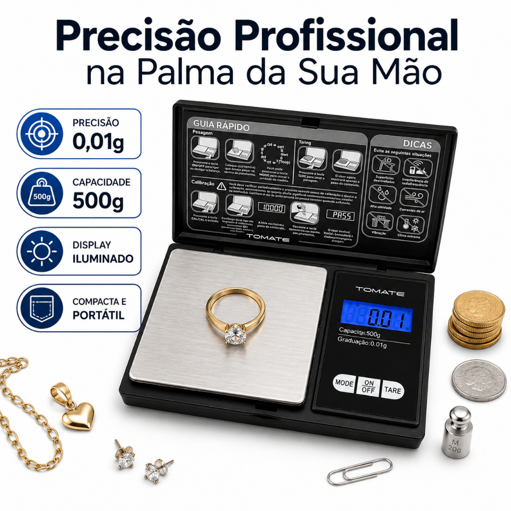 Mini Balança Digital Precisão 0,01g Até 500g Joias Ouro Moedas