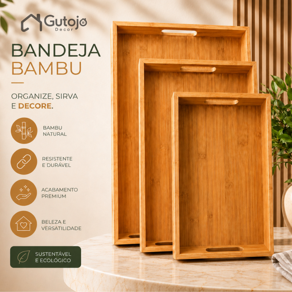 Bandeja Retangular De Bambu Com Alça de apoio Reta para Servir, Decorar e Café da Manhã