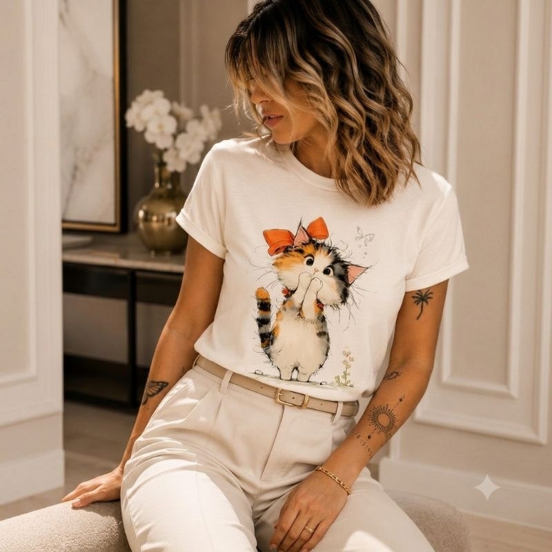 T-shirt Blusa Baby Look 100% Algodão Feminina Infantil Menina Camisa Estampada Gato Fofo