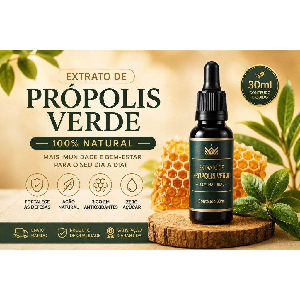Extrato de Própolis Verde 30ml | Imunidade Alta | Antibacteriano Natural | Zero Açucar