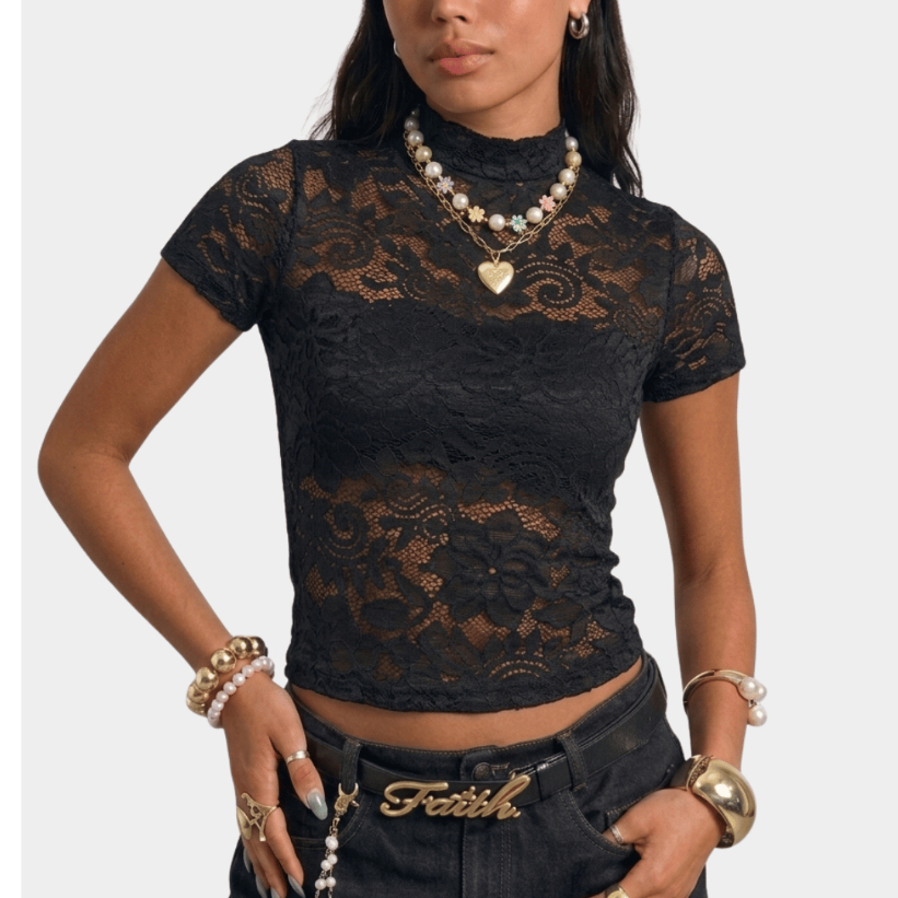 Blusa Cropped de Renda Premium Preta Manga Curta Floral Feminina Transparente Rendado Tule Segunda Pele