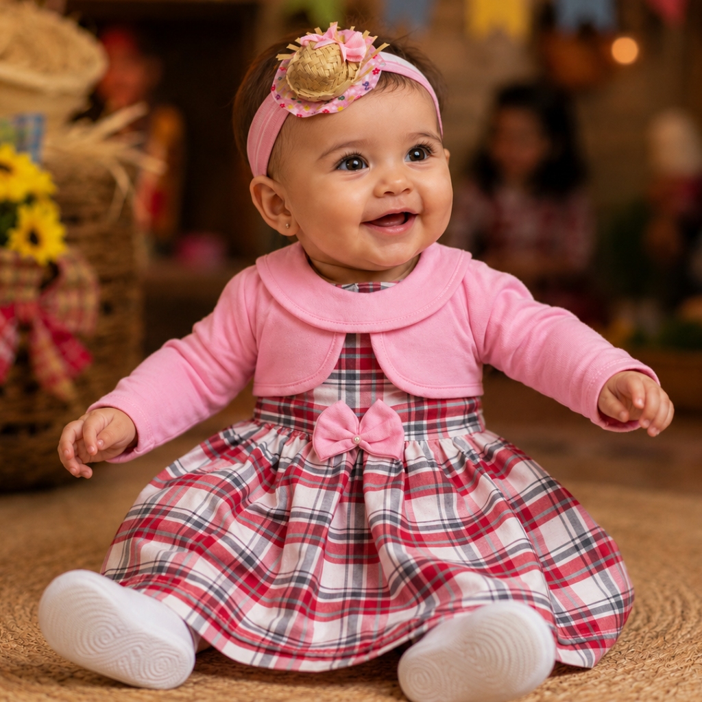 Kit Festa Junina Bebê Menina Roupa Caipira Infantil Vestido com Tiara ou Faixa São João Xadrez