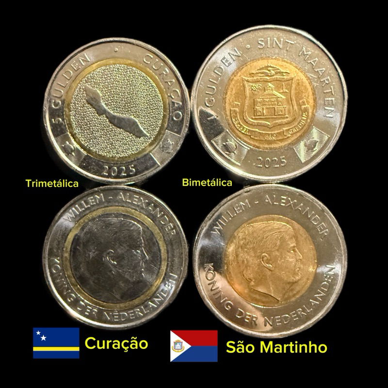 Kit de 2 Moedas 5 Gulden Curaçao( Trimetálica ) Sao  Martinho 1 Gulden ( Bimetálica ) Mbc+