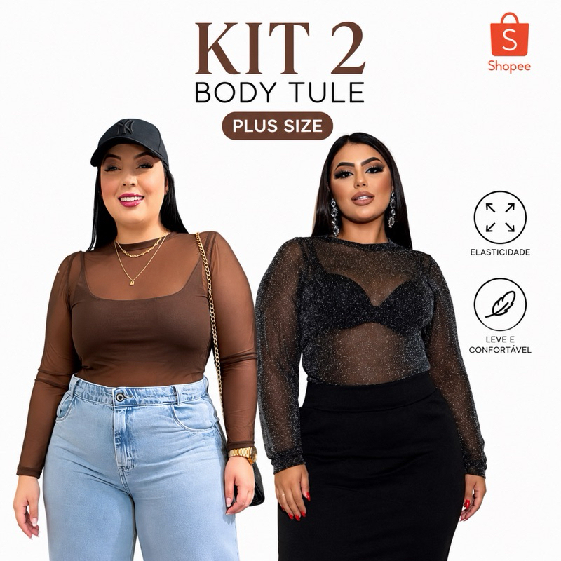 Kit 2 Body Plus Size Transparente De Tule Brilho Festa Balada