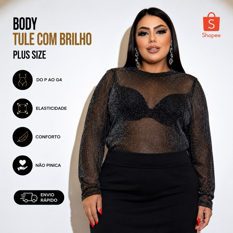 Body Manga Longa Feminino De Tule Com Brilho Plus Size