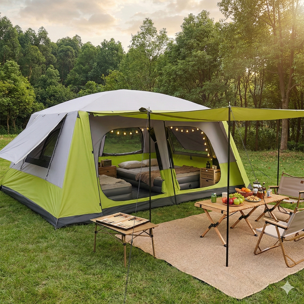 Barraca Camping 12-16 Pessoas 420*305*200cm Impermeavel 5000mm Grande Varanda Barraca Familiar Anti-uv Verde