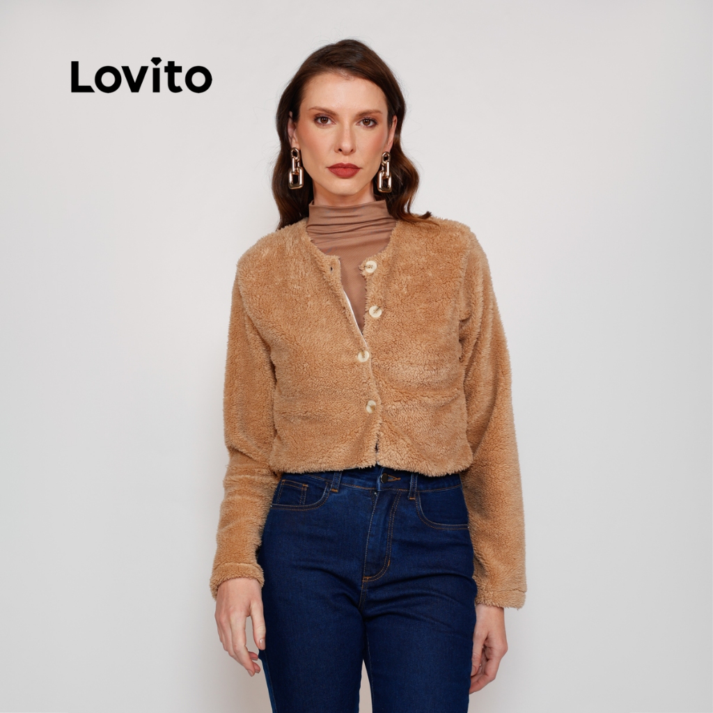 Lovito Casaco Elegante Teddy com Botões Frontais Feminino JKB445BRL474
