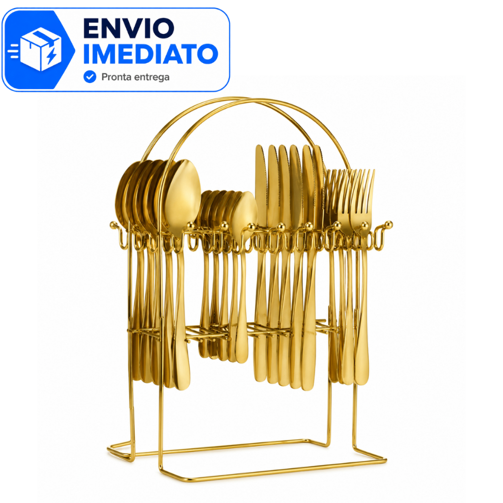Faqueiro Dourado Mesa Posta 24 Peças Aço Inox 2W Com Suporte Organizador Para 6 Pessoas