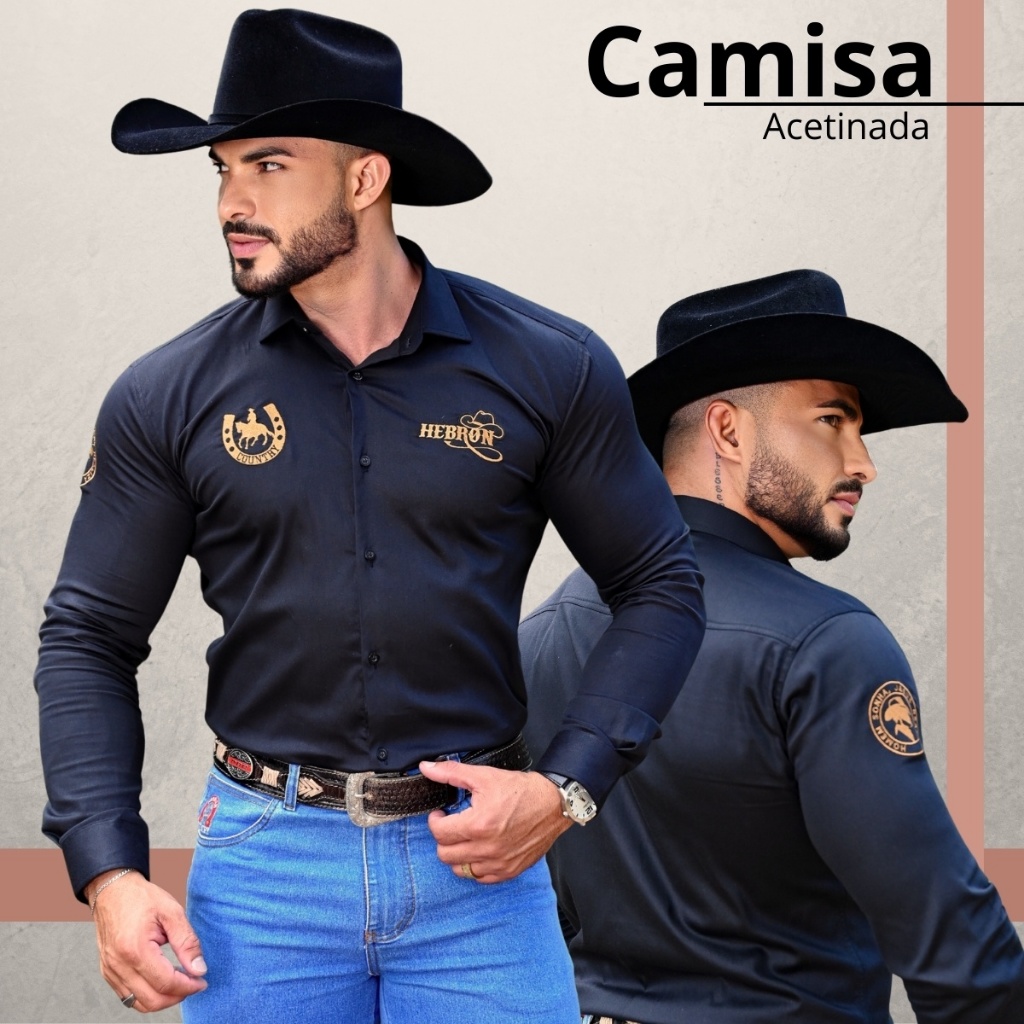 Camisa Social Masculina Acetinada Preta Manga Longa | Estilo Rodeio Moderno | Elegância Premium