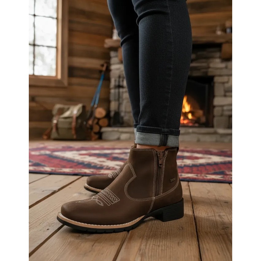 Botina Feminina Zebu Texana Nobuck Café Bota Com Ajuste Confortável E Visual Country