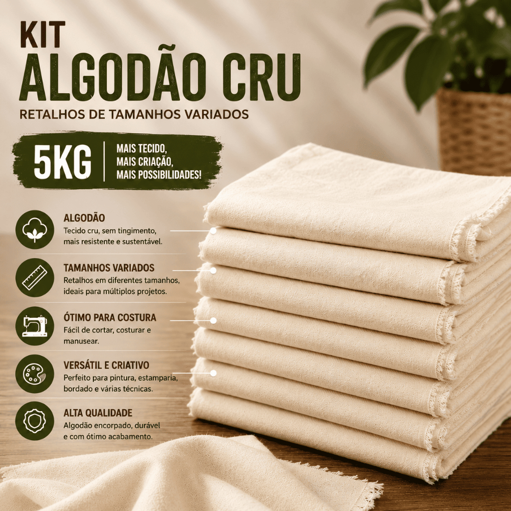 🧵 Kit 5KG Algodão Cru Retalhos Tecido | Artesanato Costura Criativa Ecobag Patchwork Tapetes ✨