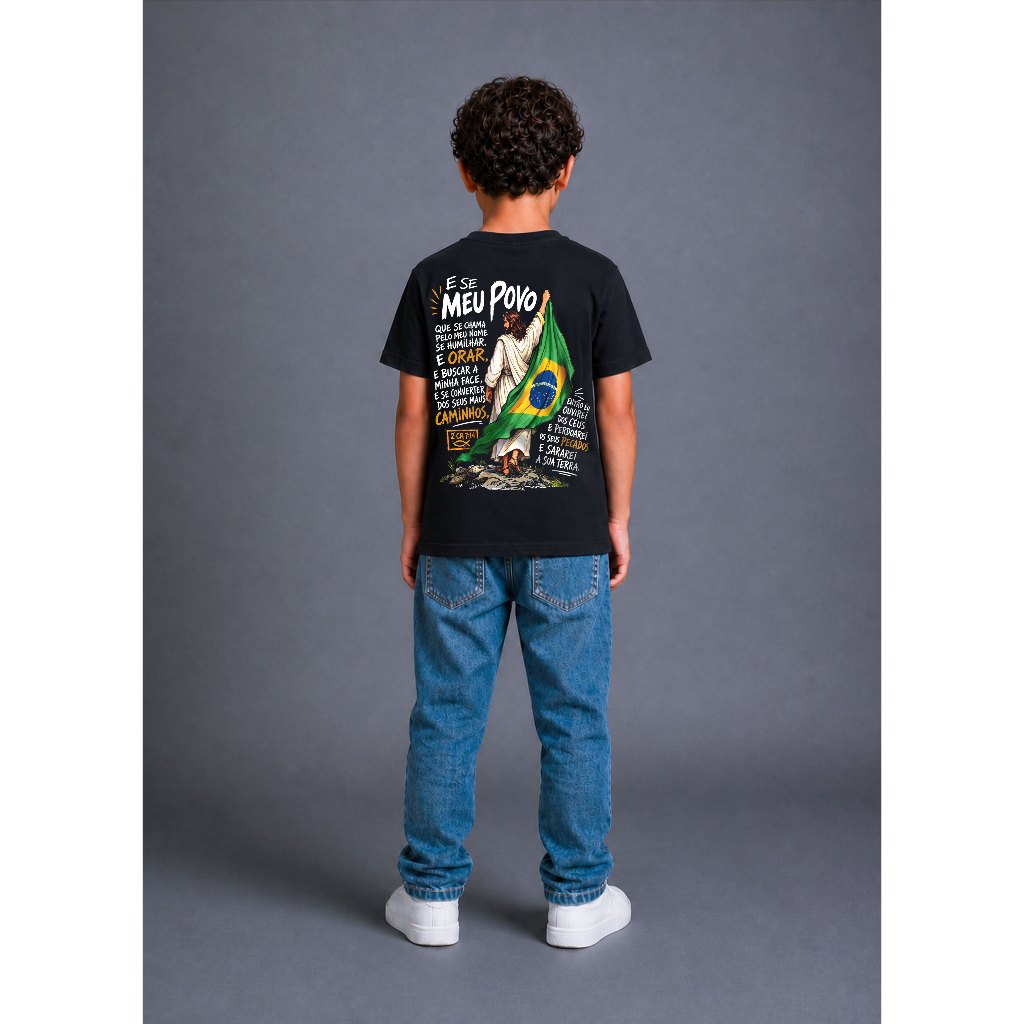 Camiseta Infantil Masculina Religiosa Pátria e Fé Versículo Bíblico coleção acorda brasil