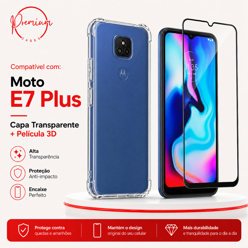 Capa Capinha Anti Impacto Compatível Com Moto E7 Plus E/OU Película 3d Vidro Temperado