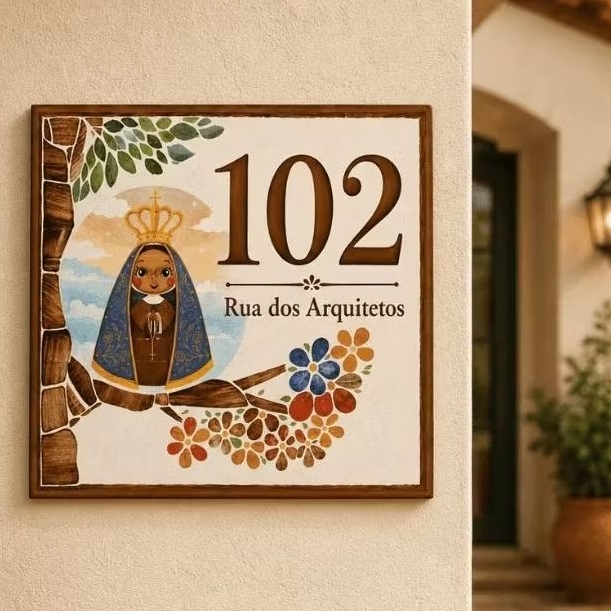 Azulejo Número Casa Personalizado Religioso | Rua e Número Placa Número Residencial | Nossa Senhora
