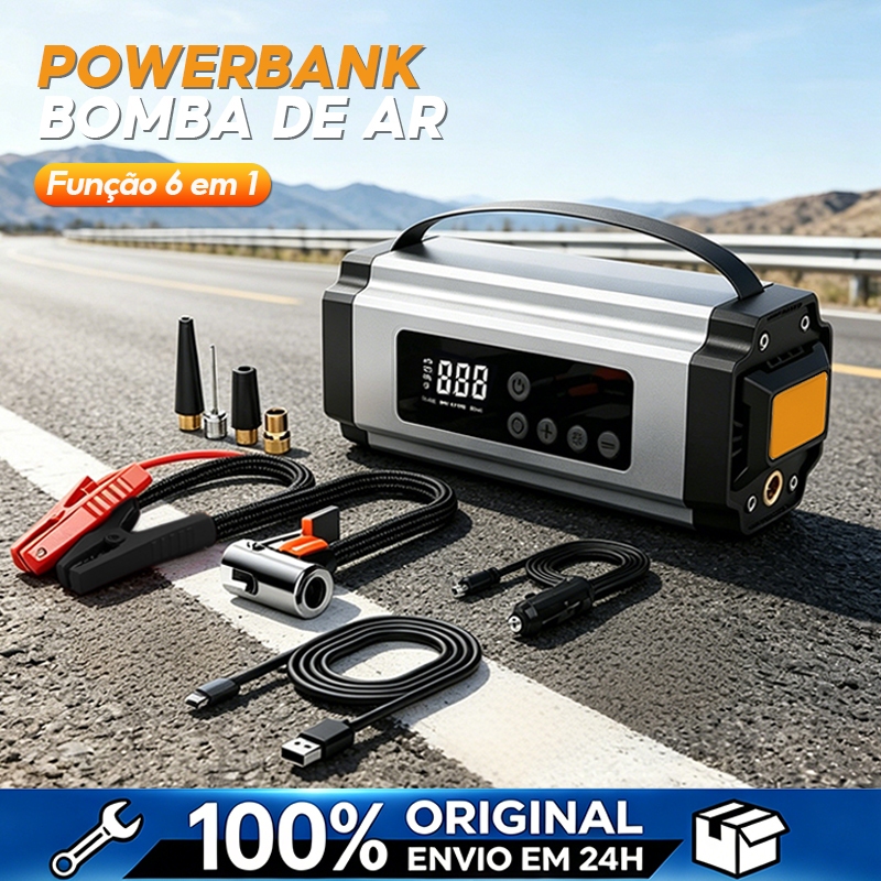 Auxiliar de Partida Portátil 150PSI Compressor de Ar Power Bank 10000mAh 6 em 1 Lanterna LED Tela Digital