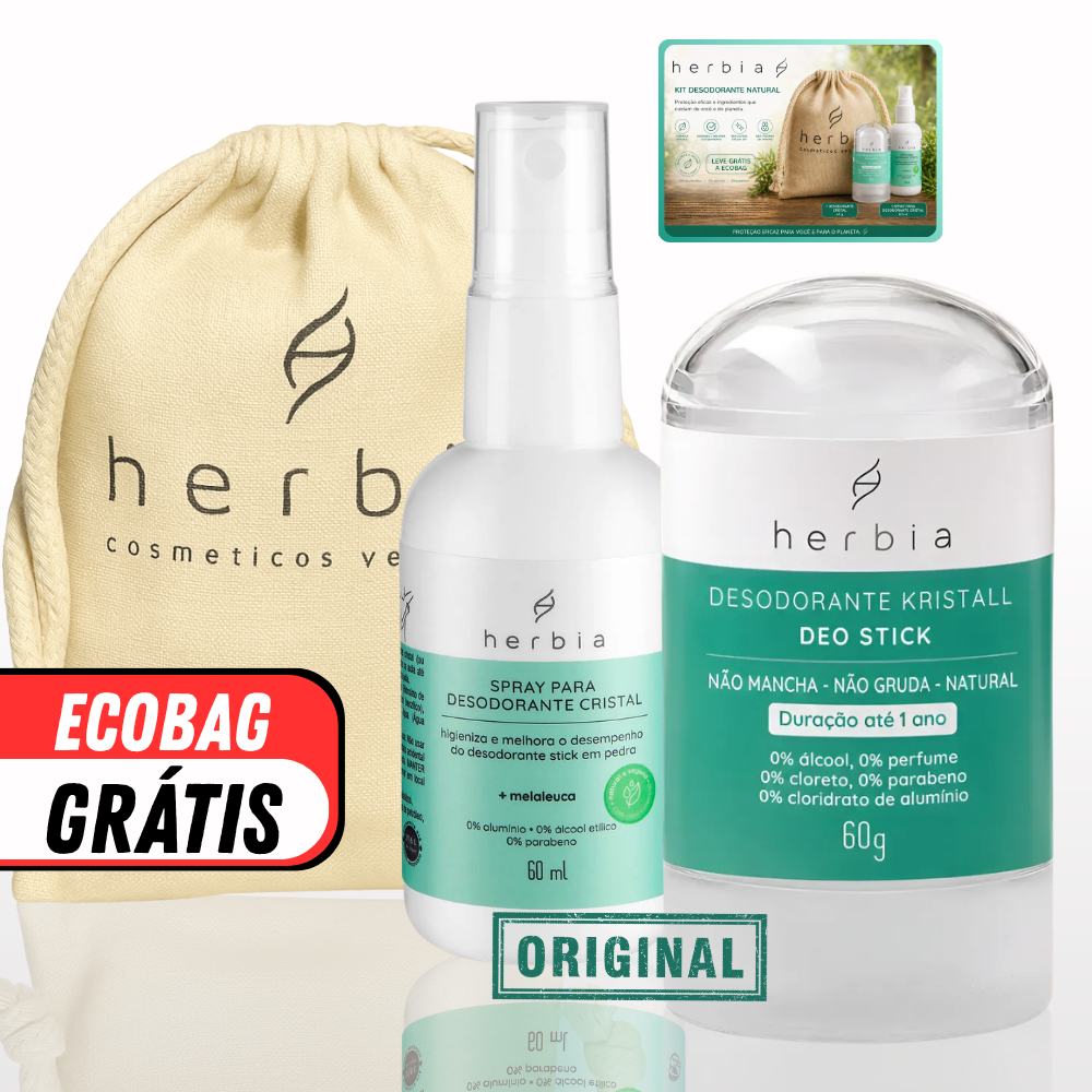 Desodorante Cristal 60g e Spray Melaleuca Herbia Vegano Sem Alumínio Sem Parabenos e Ecobag Natural