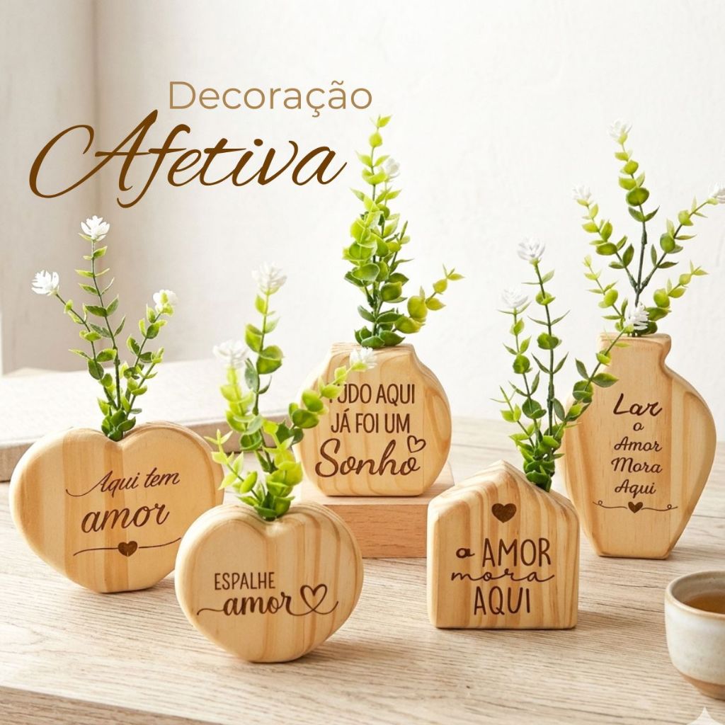 Vasinhos Decorativos em Madeira com Flores Artificiais - Decoração Minimalista Afetiva Sala Quarto