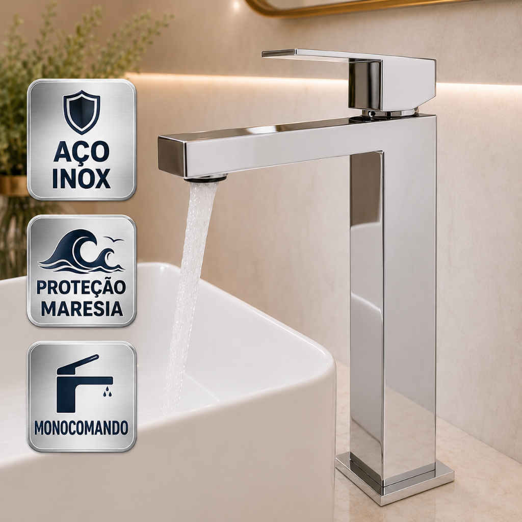 Torneira para Pia de Banheiro em Inox Anti Maresia Torneira Banheiro Misturadora Bica Alta e Baixa