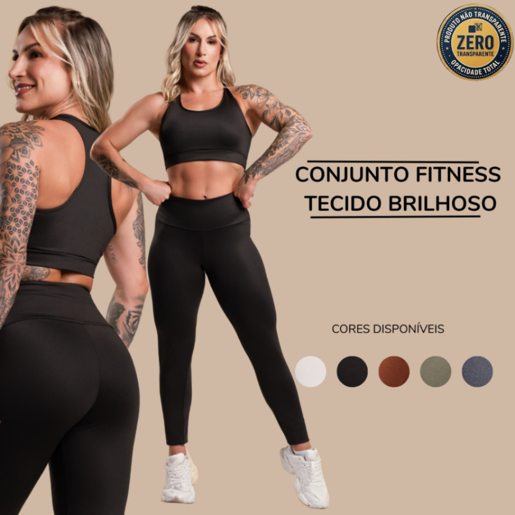 Conjunto Fitness Feminino Brilhoso Academia Top Nadador Liso e Calça Legging Lisa Cintura Alta Treino ZERO TRANSPARÊNCIA