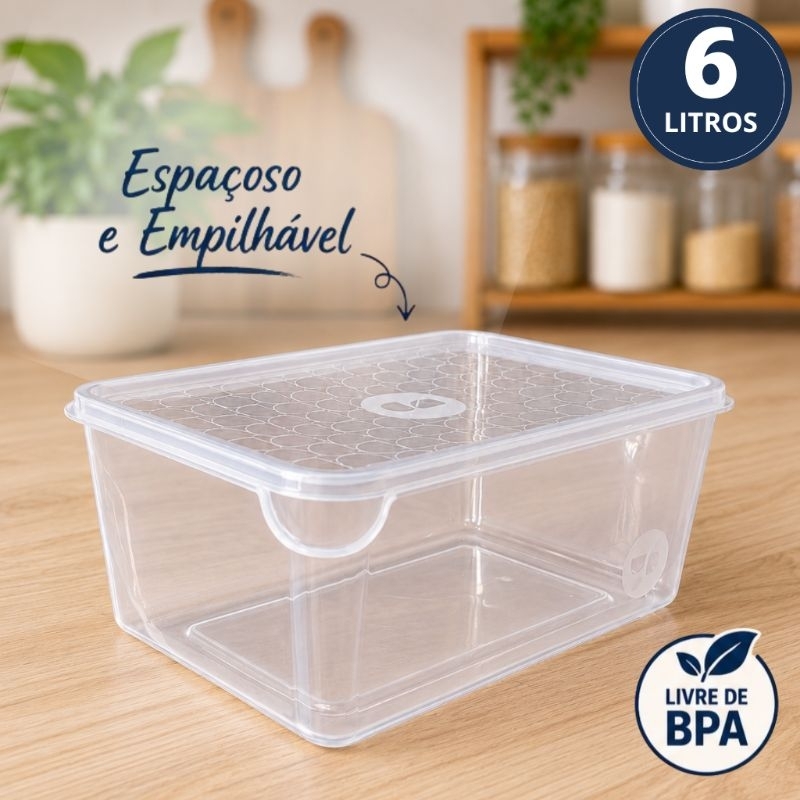 Kit Pote Plástico com Tampa Transparente 6 Litros Vasilha Grande Organização Cozinha Marmita Alimentos Despensa Multiuso