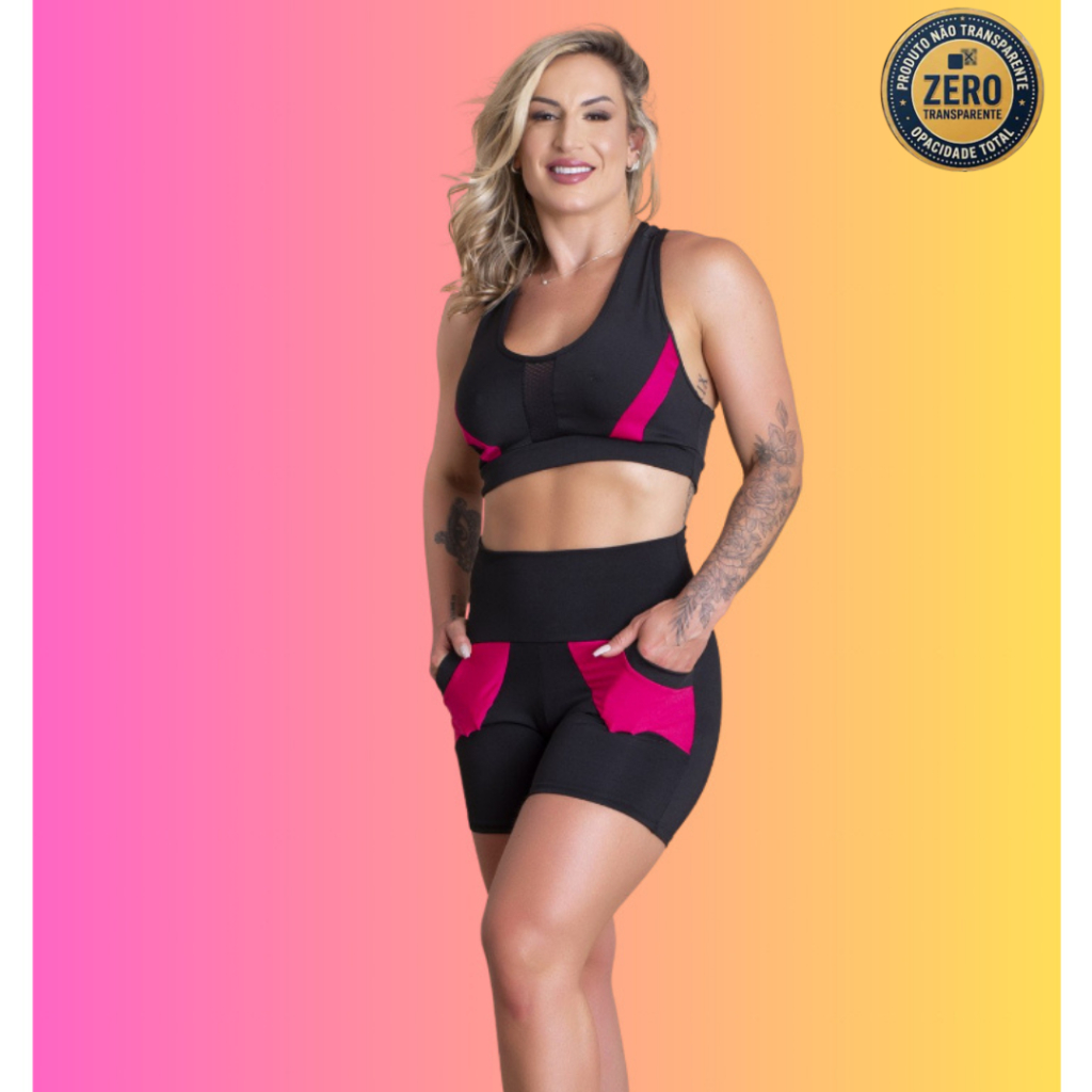 Conjunto Fitness Feminino Short Cintura Alta Com Bolso Frontal E Top Nadador Tela Sustentação Academia Treino RIQ Modas