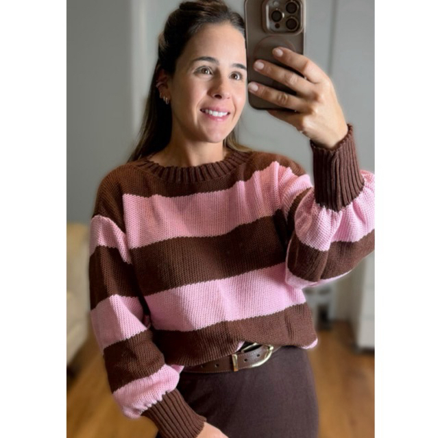 Blusa Listrada Básica Feminina Tricot Manga Longa Bufante Casaco Moda Inverno