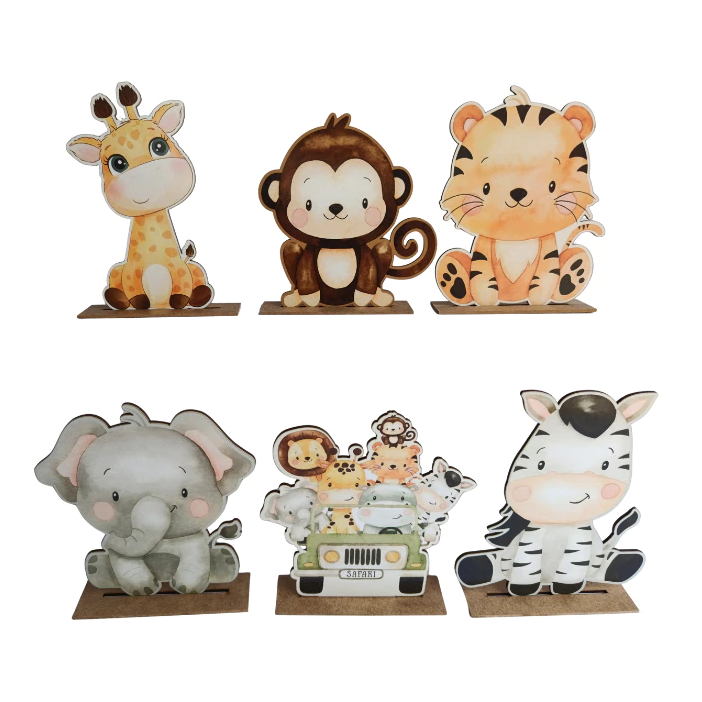 Display de Mesa Kit 6 Pç Festa Safari Baby Carrinho Verde Feito em MDF