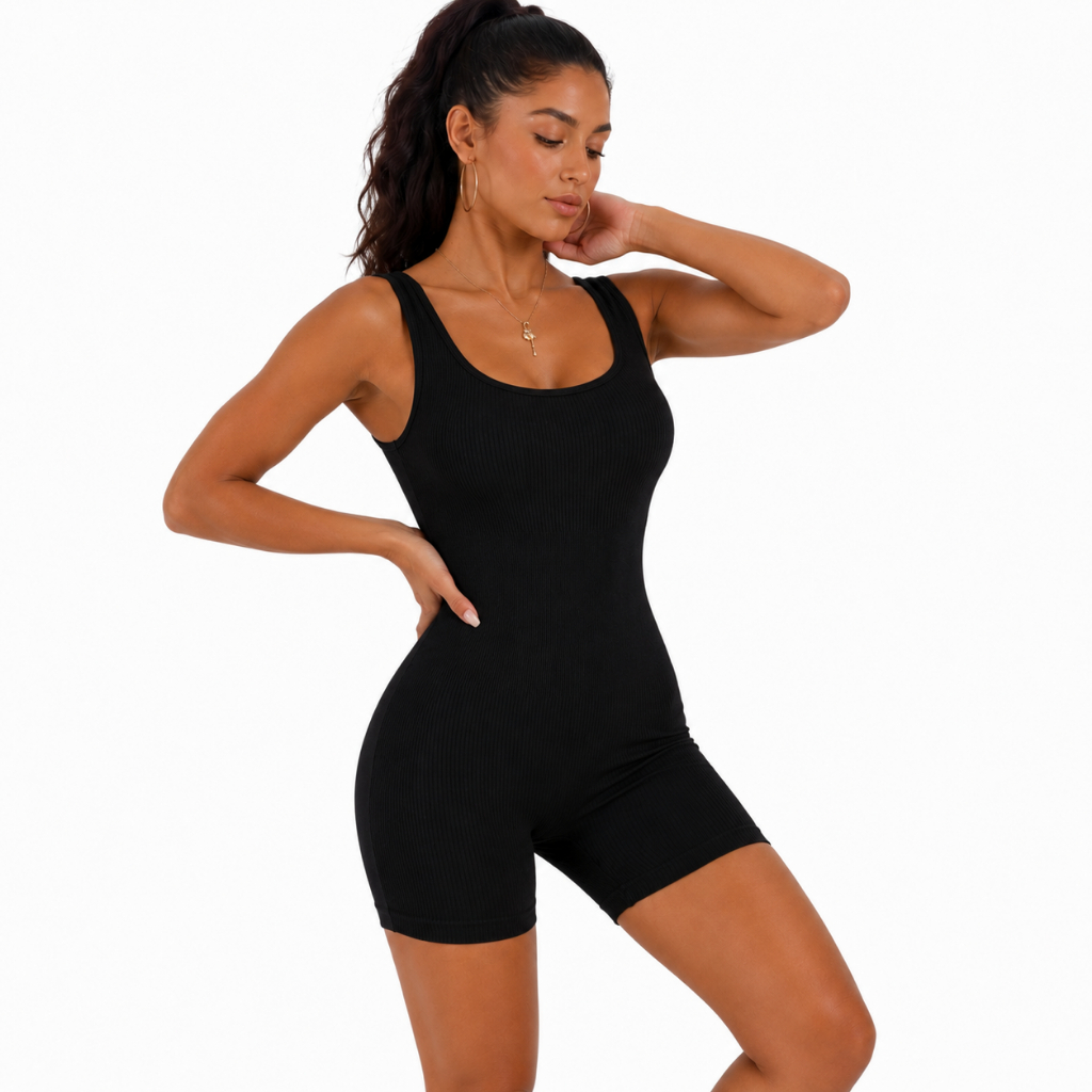 Macaquinho Feminino Preto Premium Academia Canelado Curto Modelador Poliamida Com Bojo Removível