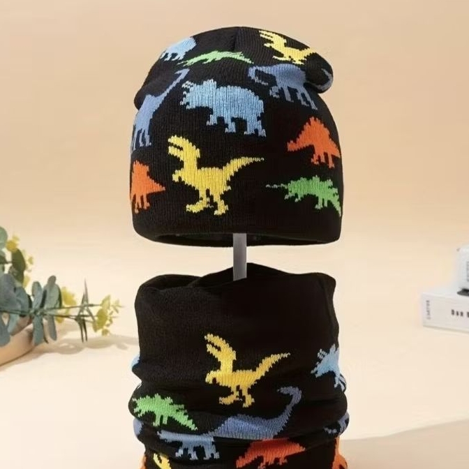 Kit Inverno Infantil Gorro E Cachecol Gola De Tricô Dinossauro Touca Menino Quentinho
