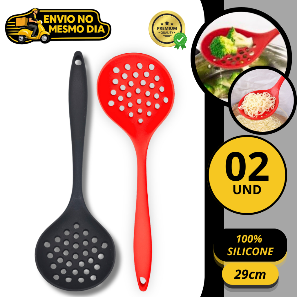 KIT 1/2 Escumadeira 100% Silicone Premium Antiaderente Resistente ao Calor Não Risca Panelas Utensílio de Cozinha