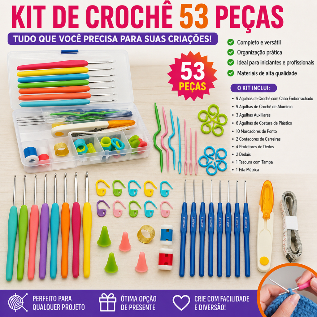 Kit Crochê Completo 53 Peças  Para Fazer Amigurumi Agulhas Cabo Soft Tesoura Acessórios Lar das Fitas