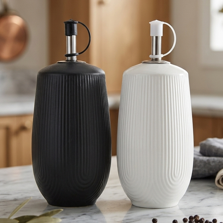 Azeiteiro De Cerâmica Branco E Preto 250ml Com Bico Dosador Oásis Hauskraft