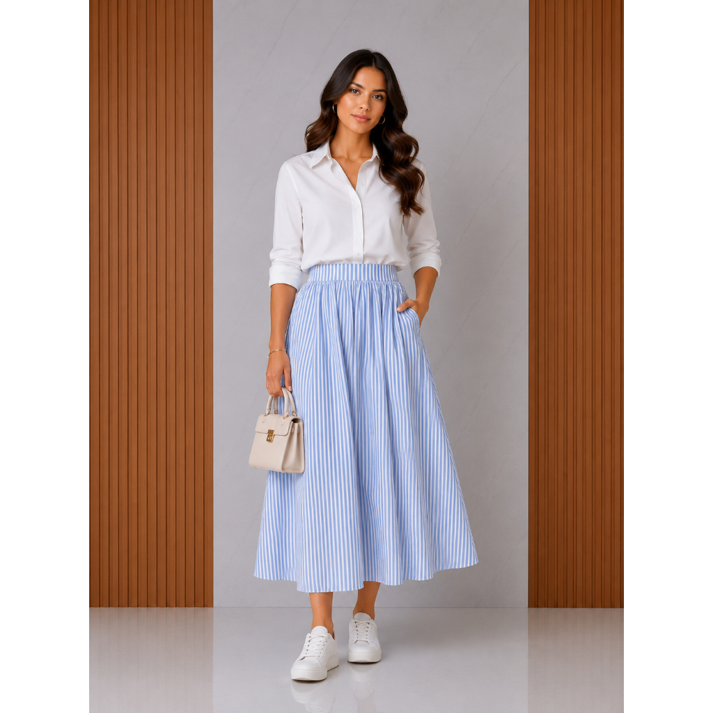 Saia Midi Listrada 100% Algodão Tricoline Elegante Casual ES-SAIA-055