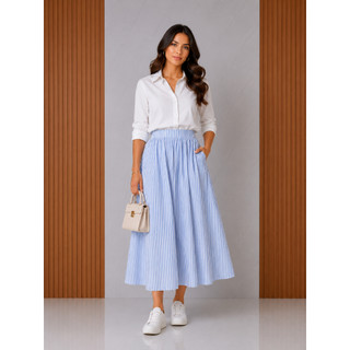 Saia Midi Listrada 100% Algodão Tricoline Elegante Casual ES-SAIA-055