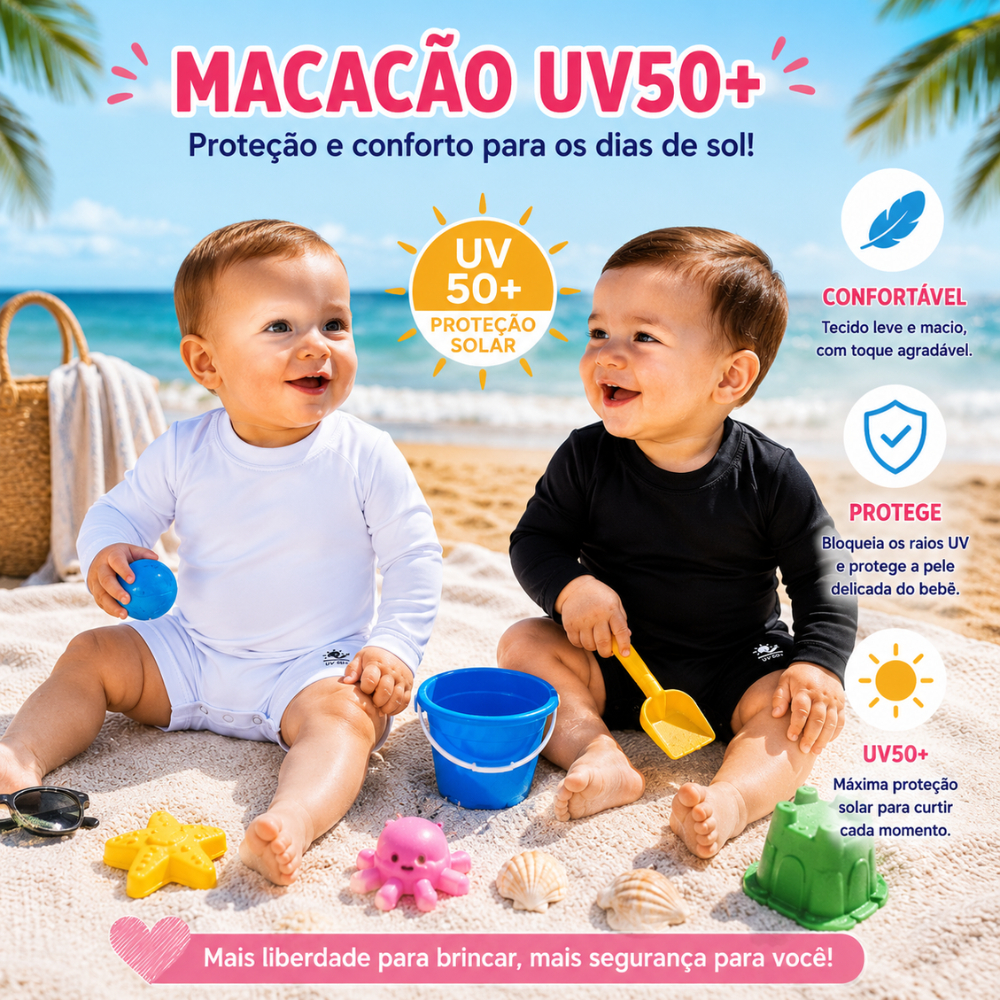 Macacão Curto Bebê Manga Longa Romper Macaquinho Proteção Solar UV50+ Poliamida  Praia Verão Piscina