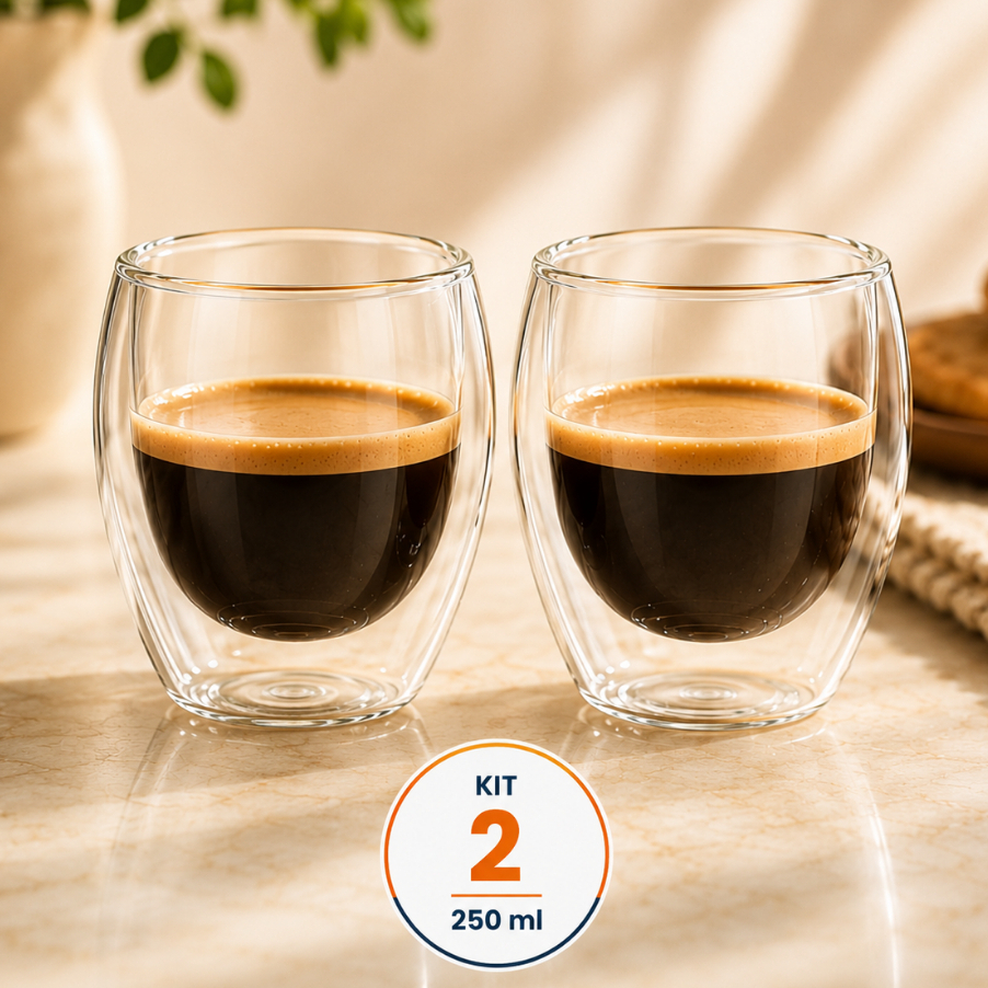 Kit 2 Copos de Café 250ml Parede Dupla Vidro Isolante Térmico Transparente Cappuccino Nespresso