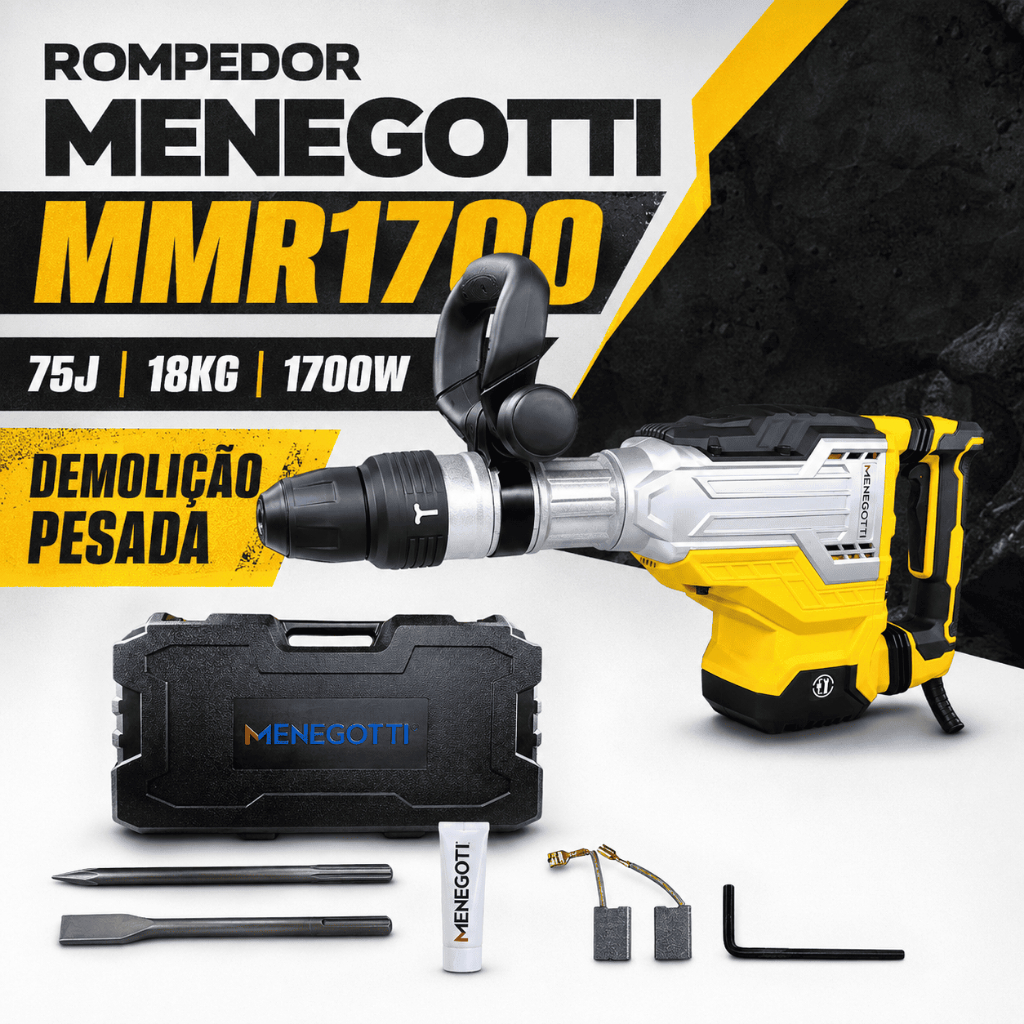 Martelo Rompedor Menegotti MMR1700 75J 18kg HEX 1700W Demolição Concreto Obras Alta Potência