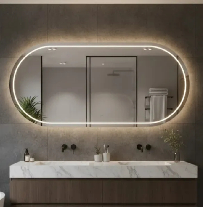 Espelho Grande Oval 80x40cm com Led 3 Cores Botão Touch Design Minimalista Decor