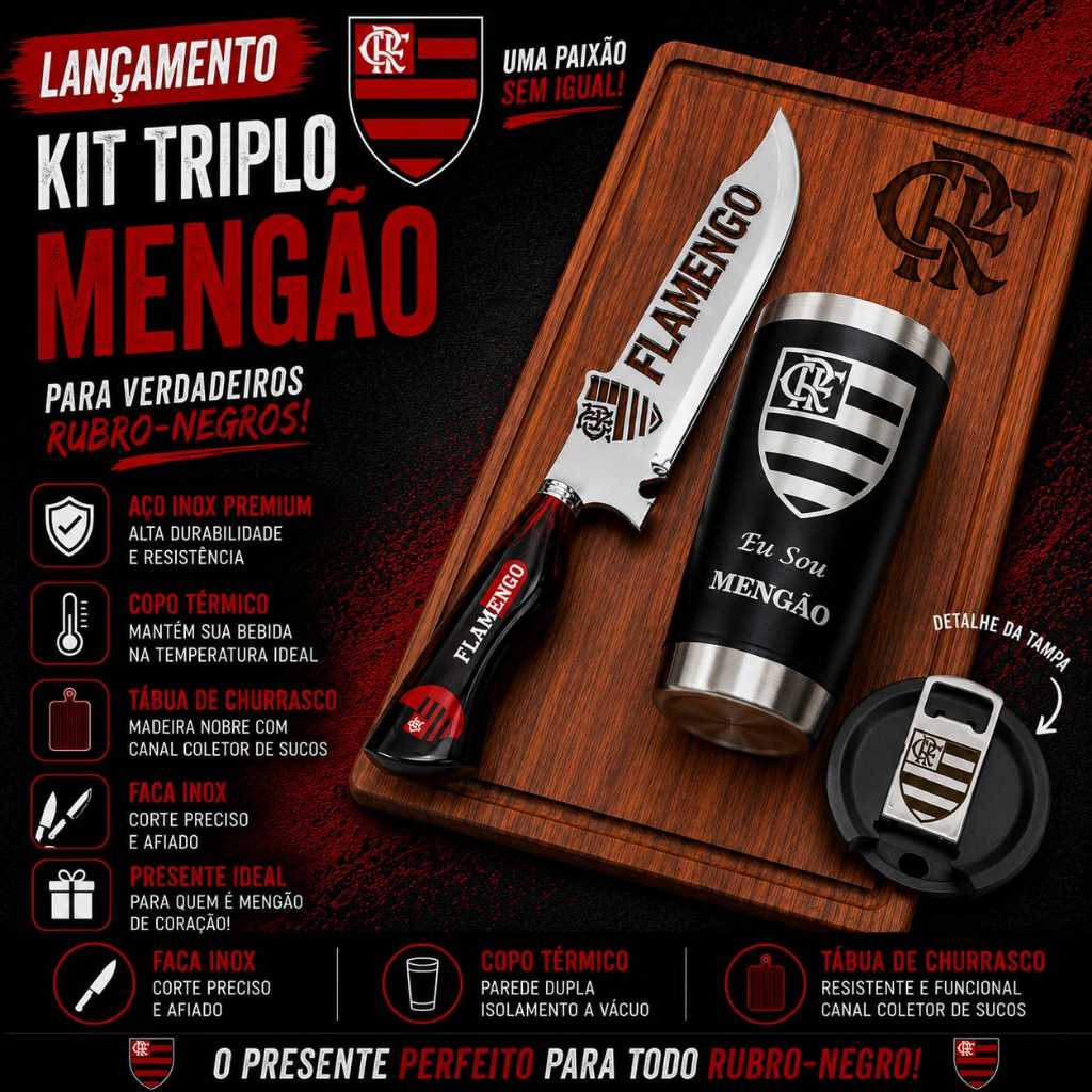 Kit Churrasco Tabua + Faca + Copo Térmico Personalizado Flamengo Premium Gourmet