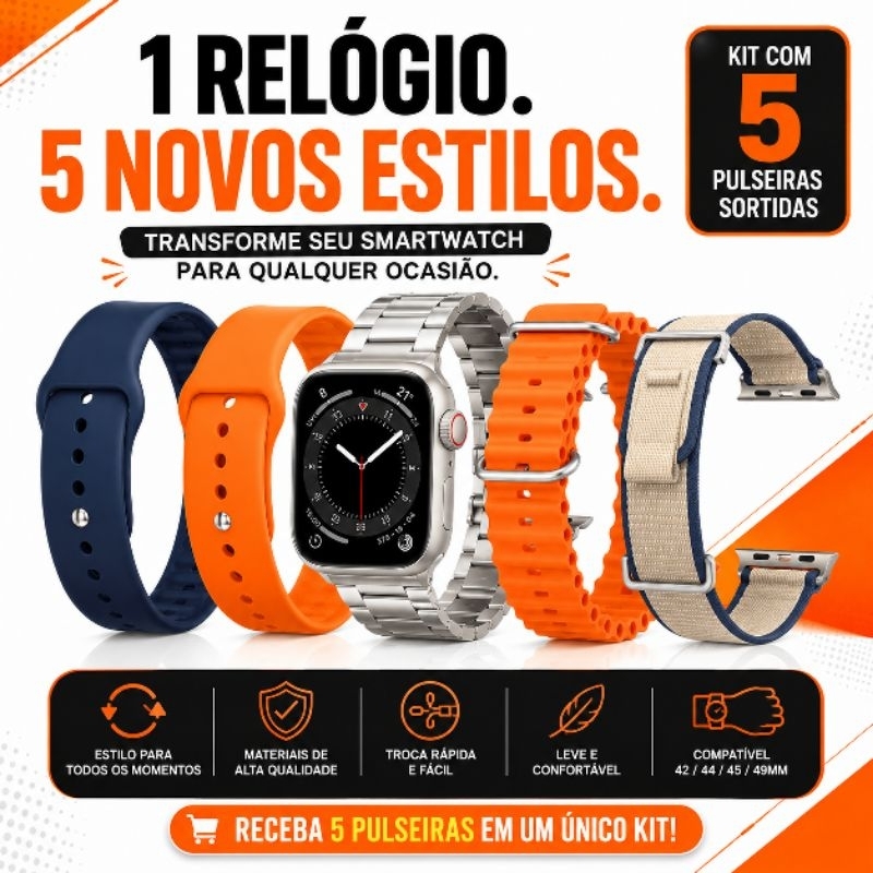Kit 5 Pulseiras Smartwatch 42mm 44mm 45mm 49mm Silicone Nylon Aço Compatível Apple Watch