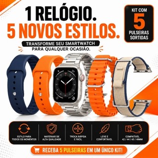 Kit 5 Pulseiras Smartwatch 42mm 44mm 45mm 49mm Silicone Nylon Aço Compatível Apple Watch