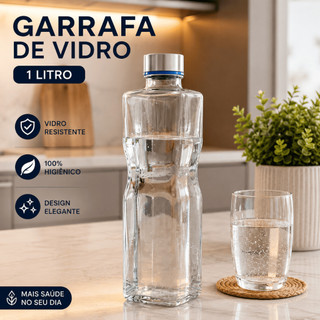 Garrafa De Vidro Quadrada 1 Litro Com Tampa Inox Para Água Suco Geladeira Jarra Fechamento Hermético