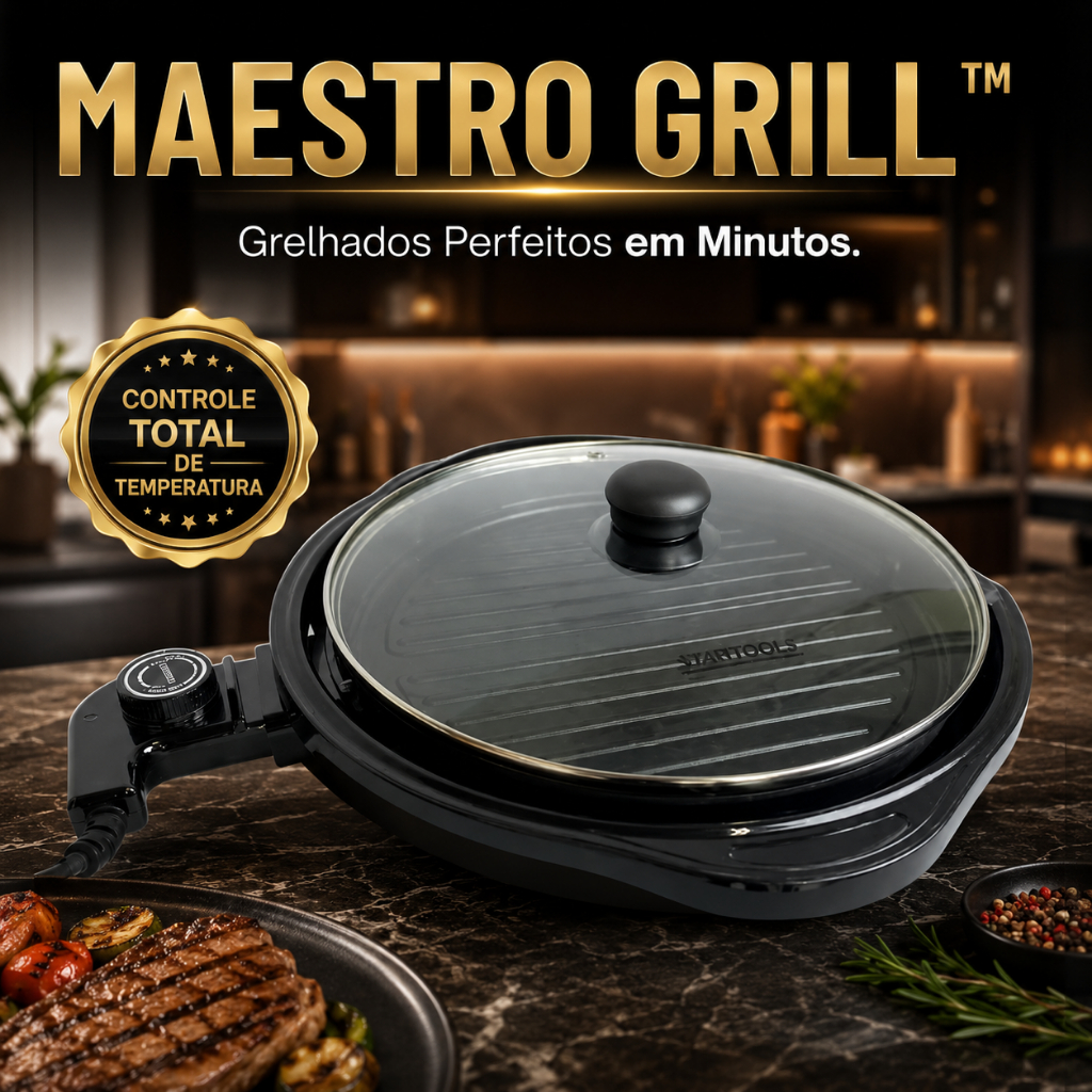 Grill Elétrico Redondo Antiaderente 220V Com Termostato Ajustável Tampa de Vidro Maestro Grill™