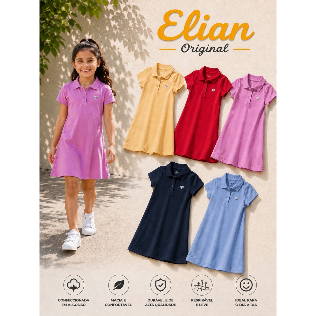 Vestido Infantil Gola Polo Menina Verão Confortável Elian 1 ao 16 Promoção
