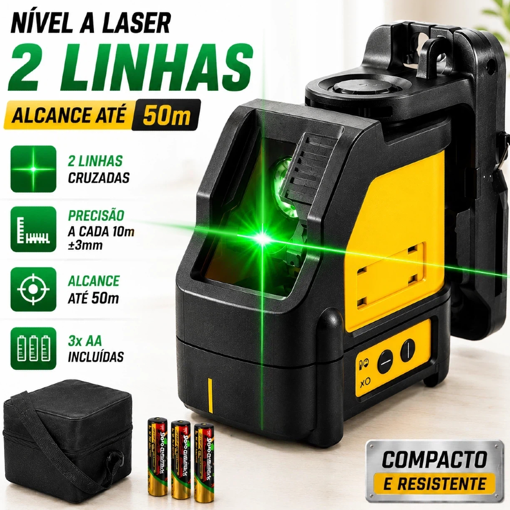 Nivel a Laser Verde de Precisão 50m 2 Linhas Cruzada de Horizontal Vertical Autonivelante Profissional