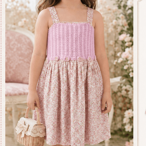 [Brechó] Vestido Infantil Floral Rosa com Detalhe em Crochê Delicado e Confortável Desapego Bazar Achadinhos