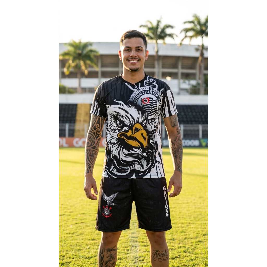 Kit Camiseta e Bermuda Gaviões da Fiel Estilo Torcida Masculino Futebol Casual