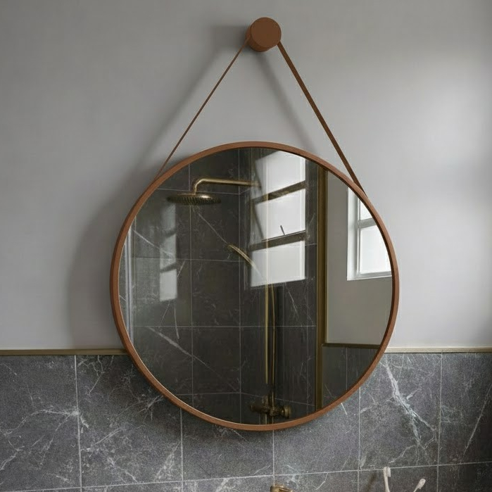 Espelho Adnet Redondo 60x60 Decorativo com Moldura em Couro Moderno Luxo · foto 2