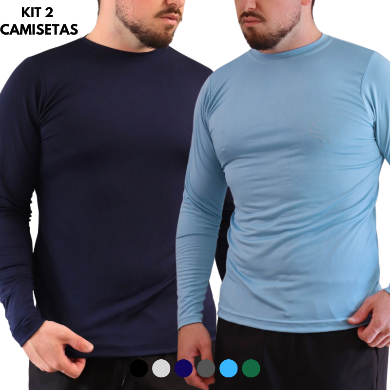 Kit 2 Camisetas Segunda Pele Masculina Básica Proteção Uv Manga Longa Lisa Corrida Ciclismo Academia